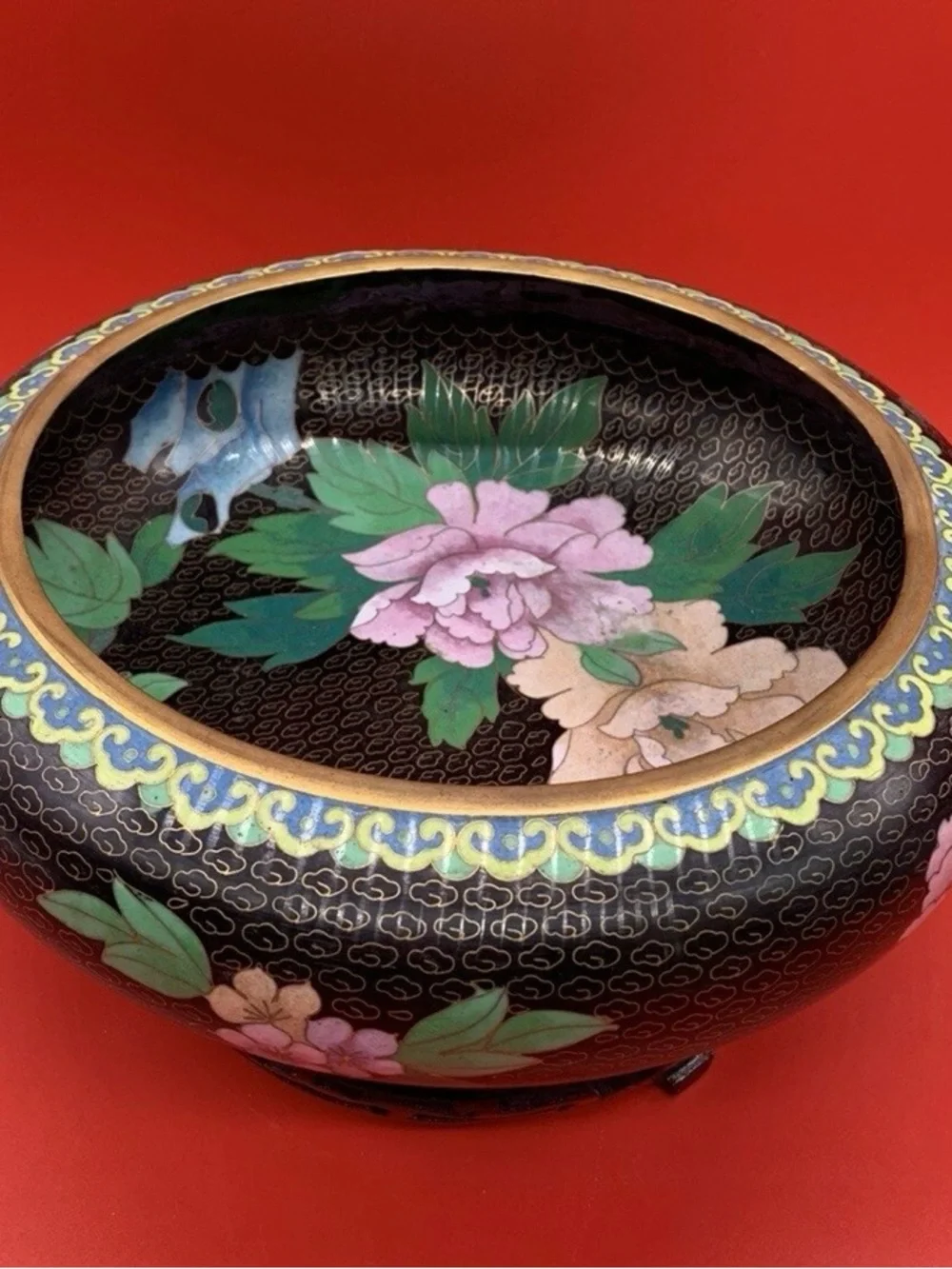 Vintage Chinese Cloisonné Champlevé Floral Bowl With Wooden Stand Beautiful 9”